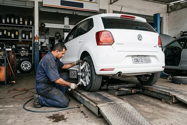 Mecânico realizando o alinhamento de rodas em veículo.
