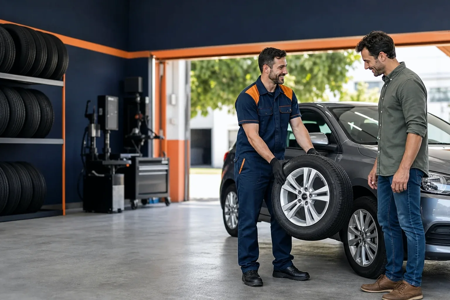 Profissional realizando atendimento ao cliente na borracharia.