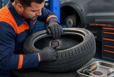 Profissional realizando conserto de pneu em borracharia.