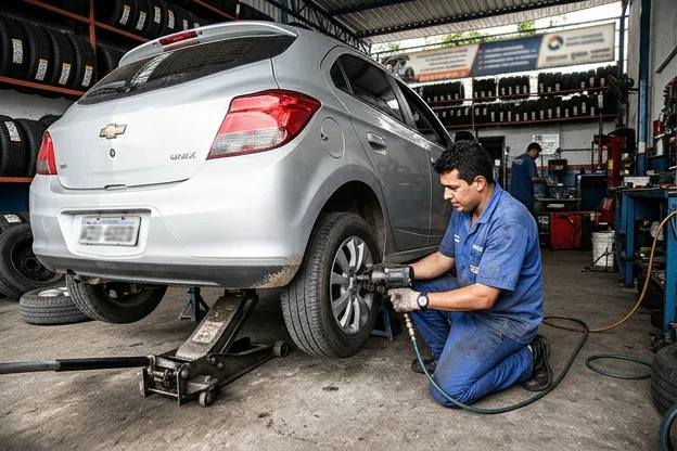 Profissional realizando rodízio de pneus em um carro.