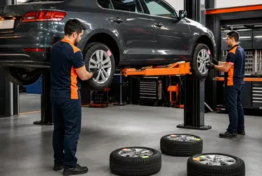 Profissional realizando rodízio de pneus em veículo.